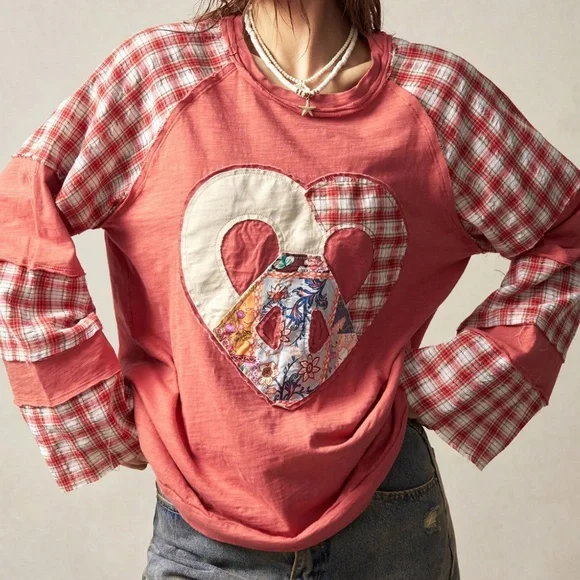 Boho Floral Print Plaid Print Heart Peach Sign Color Block Top - Picture 1 of 6
